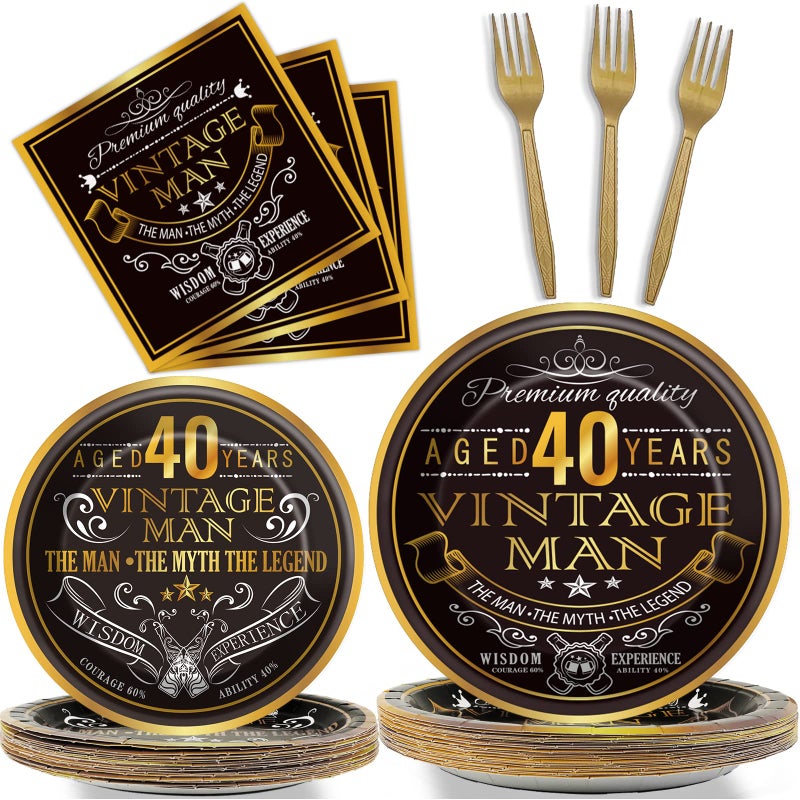Wiooffen 96 Pcs Vintage 40th Birthday Decorations for Men 40 Years old Paper Plates Napkins Birthday Supplies Back in 1984 Theme Party Tableware Set Cheers to 40 Years Table Party Decor Favors for 24 Guests - Image 1